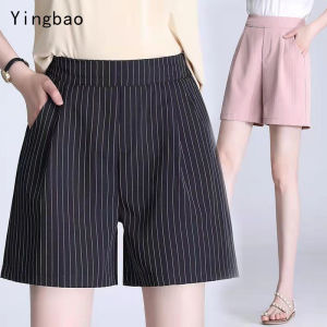 Yingbao Striped Shorts with Pocket Womens Summer 2022 Korean Style White High Waist Comfortable Thin 5 Point Ladies Casual Office Work Casual Short Pants Black Grey Pink Plus Size