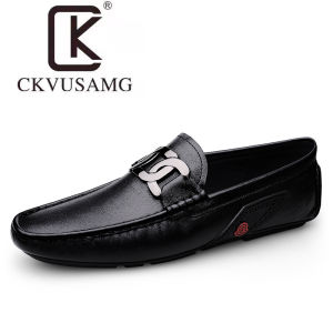 CKVUSAMG Fashion brand authentic A1 First Layer Cowhide Mens Peas Shoes Soft Surface Soft Bottom Bright Decorative Button Casual Mens Leather Shoes ☺1130