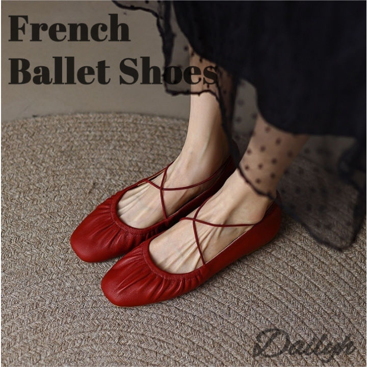 5LI【On Stock】Retro Mary Jane Shoes Women Square Toe Shallow Mouth Soft  Leather Soft Sole Cross Lace-Up Shoes Red Flat Ballet Shoes Lazada PH