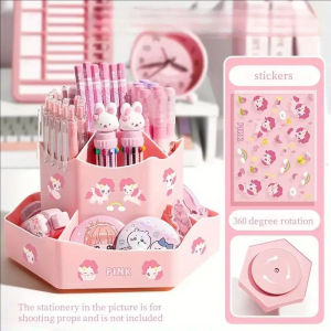 Large Capacity 360° Pen Holder Rotating Cosmetics Stationery Storage box Office Desktop Storage Box with Cartoon Stickers