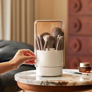SEJUE4373 360 Rotating Makeup Brush Holder Large Capacity Side Door Dustproof Brush Pen Holder Luxury Portable Lipstick Eyebrow Pencil Holder for Vanity Makeup Container
