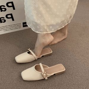 [Free Shipping] Small-sized square-toed slippers for women suitable for wearing outside paired with skirts new spring-summer style semi-closed shallow soft-soled