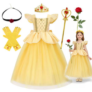 Girls Deluxe Belle Princess Dress Kid Elegant Fancy Bow Mesh Dress Cosplay Beauty and The Beast Costume Ball Gown Kid Halloween h2610