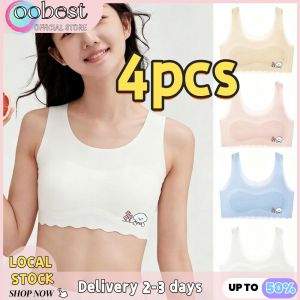 oobest 【Delivery 2-3 days】4pcs Ice Silk Training Bra for Girls 6-12 Seamless Fixed Cup Wireless Comfort