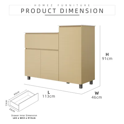 KitchenZ 3.7FT Gas Cabinet White Solid Surface Table Top Drawer Almari Natural Oak / White Wash Gas Cyclinder Storage - HMZ-FN-GC-6121