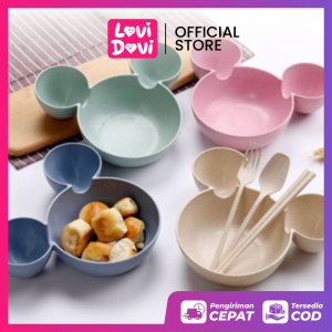 Set Peralatan Makan Anak Lucu Bentuk Mickey/ Mangkok Mickey 3 Sekat Dengan Sendok Garpu Dan Sumpit