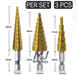 Mata Bor Pagoda 3 PCS Multi Step Drill Hss Titanium Coating Hexagon Ekspander Pelubang Besi Per Set Mata Bor Pagoda Besi Kerucut (3-12 4-12 4-20)