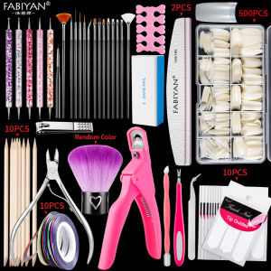 Nail Art Tool Full Set Nail Brushes Nail Clippers Painting Drawing Pen Nail Files DesignTool With 500 Pcs Fake Nails Nail Tips Full Half Cover French Transparent Natural False Nail