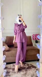 O One Set Setelan Denada Crincle Airflow Resleting Depan Busui Kerah Rempel Belt Lepas Celana Kulot
