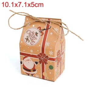 10Pcs Christmas Kraft Paper Box with Ropes Xmas Pattern Print Snacks Wrapping Bag Xmas New Year Gift Bags Cookie Candy Packing Bag