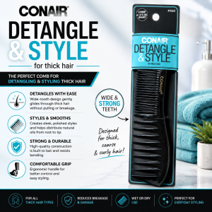 Conair Detangle & Style Wide Tooth Comb for Thick Hair Detangling Styling Lift Comb Black