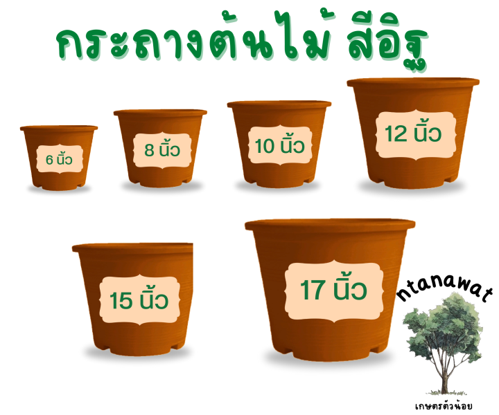 กระถางพลาสติกสีอิฐหลากหลายขนาด สำหรับตกแต่งสวน