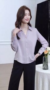 Solid Color Slim Long-Sleeved Women Shirt Casual Loose Ladies Shirt Woman Purple White Brown Sweet Chiffon Top