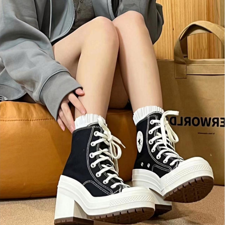 Black high-heel canvas women's shoes blue high-heeled shoes shallow lace-up  breathable casual fashion versatile single shoes - AliExpress