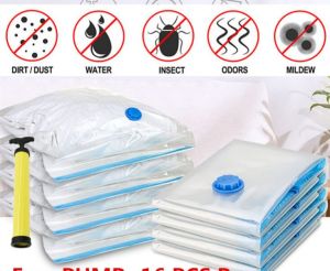 [Promotion] Free Pump+ 16 PCS Reusable Vacuum Compressed Storage Bag  Compression Storage Vacuum Bags  Bag for Clothes Pillow Comforter (Transparent)