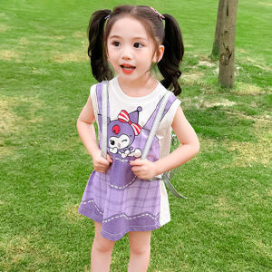 Dopamine-Enhanced Outfit For Girls: ชุด Kuromiสไตล์ฤดูร้อนใหม่ชุดฤดูร้อน Faux แขนสั้นกระโปรงน่ารัก 90-140cm