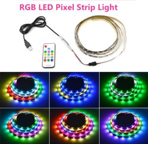 Angelila RGB Flash Running LED Pixel Strip Light 1m/2m WS2812 IC Built-in Individually Addressable Multicolor Kitchen Closet Smartled TV Tape Lamp with Remote Controller