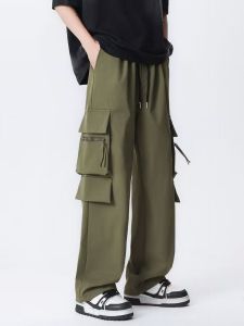 Mens  fashion brand multi-pocket straight cargo pants mens retro loose drawstring wide leg casual pants Seluar Kerja Seluar Kargo Slack [5XL]