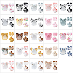 Infants Protective Hat Cotton Fetal Caps and Scratchproof Gloves Set with Matching Mitts for Baby 0-6M Shower Gift