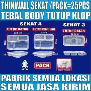 Thinwall 4Sekat Tebal 40gr Tutup Datar n 4 Sekat Cembung Victory n 3Sekat RL3 Long Klir Pack JSP