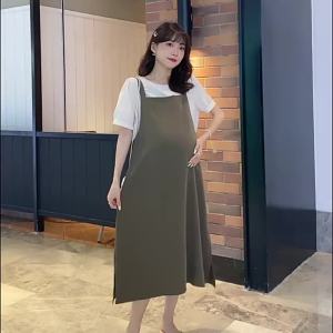 ชุดคลุมท้อง 2025 ชุดแฟชั่นใหม่ชุดสองชิ้นกระโปรงเอี๊ยมใส่แล้วดูผอมกระโปรงคนท้องตัวเล็กแฟชั่นออกไปข้างนอก