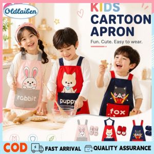 Oldlaiben Kids Cartoon Apron Waterproof Adjustable Soft Comfortable Durable Pocket Painting Cooking Ages 2-15