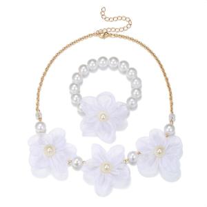 Elegant Adjustable Pearls Necklace Flower Pendant Necklace Fashion Beads Bracelet Set for Fashion Children