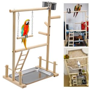 [LIULIU MEI]ชุดอุปกรณ์คอนนกและถาดสแตนเลสรองเศษอาหาร คอนยืนนกแก้ว Parrot Playstands With Cup Toys Tray Bird Swing Climbing Hanging Ladder Bridge Wood Cockatiel Playground Bird Perches 36*23*51cm