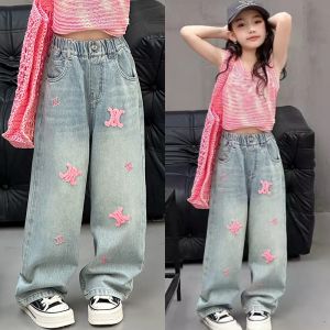 Summer Korean Style pants for Kids girl Maong pants Pink Embroidered Straight-Leg Maong Jeans for Teens girl Baggy pants Denim Trousers 7-15 Years Old