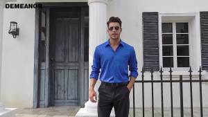 ดีมีนอร์ เสื้อเชิ้ตผู้ชายทรงเข้ารูป แขนยาว ปุ่มลง เสื้อเชิ้ตยืด ไม่ยับ เสื้อทางการสำหรับงานแต่งงาน มีกระเป๋า