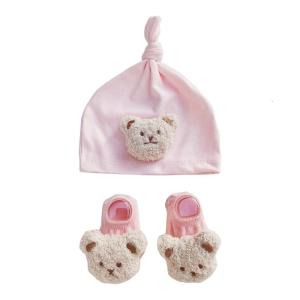 Cartoon Infant Hat with Cute Bear Socks Newborn Head Protections Hat Knotted Beanie Cap for Boys Girls 0-12 Months