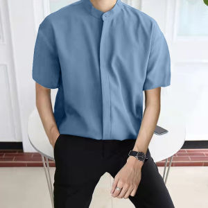 HUILISHI China Collar Mens Button Down Short Sleeve Shirt