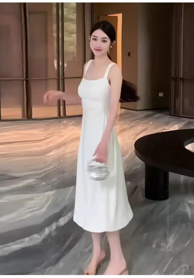 knee length dresses for ladies Berylove Women Bodycon Midi White Dress Elegant Spaghetti Straps Graduation Dress with Lace, Ivory / US16 main image 0