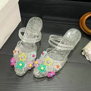 [Free Shipping] Sweet Transparent Crystal Slippers For Women New Summer Casual Fashion Shoes With Floral Accessories Pointed Toe Low-Heel Sandals For Outdoor Wear