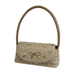 YOCKY Flower Design Straw Underarm Bag Portable Handwoven Woven Shoulder Bag Trend Unadjustable Embroidered Handbag Summer Season