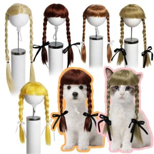 OUTOPEN Adjustable Fit Pet Wig Braids with Bangs Comfortable To Wear Puppy Kitty Fake Hair Skin-friendly Reusable Cats Dogs Cosplay Pigtails Halloween Celebration