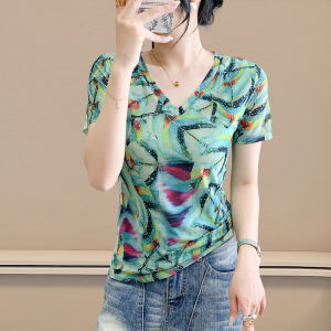 Yimei Châu Âu Định Vị In áo lưới 2025 ngắn tay mùa hè áo thanh lịch Đàn Hồi cỡ lỡn Áo phông cổ chữ V