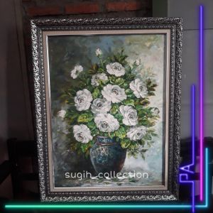 LUKISAN BUNGA MAWAR PUTIH SIAP PAJANG