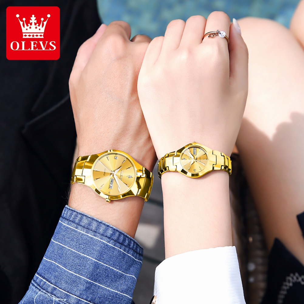 นาฬิกาลำลอง OLEVS นาฬิกาควอตซ์กันน้ำนาฬิกาคู่รักของแท้ใหม่นาฬิกาคู่รักสแตนเลสสตีลปฏิทินคู่
