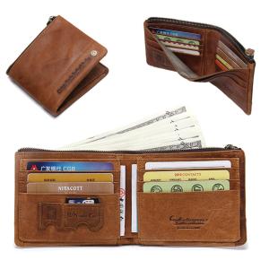 CONTACTS Mens RFID-Blocking Bifold Wallet Genuine Leather Zipper Purses Vintage Brand New Money Bag Card Holder Short Wallet