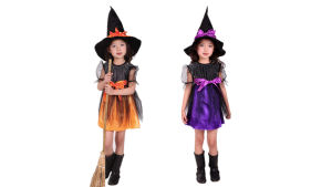 Witch Elves Kids Baby Girls Cosplay Costume Magic Dress Pointed Hat Carnival Clothes Children