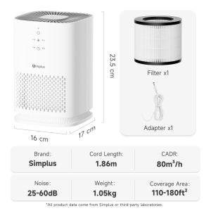 Simplus Air Purifier 80m³/h CADR Aromatherapy Function Removes Dust Pet Odors Mini Compact Desktop Bedroom Use HEPA H11 Filter Remove Allergens 8h Timer OxyCare-A5 Lite
