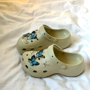[Free Shipping] Sweet And Cool Blue Butterfly Cloud-Patterned Platform Clogs For Women 5Cm Height-Increasing EVA Closed-Toe Sandals Suitable For Outdoor Wear Beach And As Casual Sandals