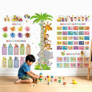 Decal Dán Tường Bộ Học Tập Đa Năng Cho Bé Kèm Thước Đo Chiều Cao Có Keo Sẵn 210x140cm