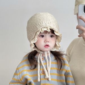 DOWNA Ear Protection Baby Soft Plush Warm Hat Lace Edged Windproof Warmer Beanie Cap Fashionable Lace Up Design Outdoor Thick Ear Protection Bonnet Girls