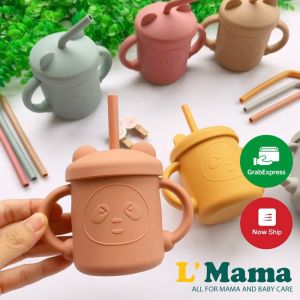 Cốc Tập Hút Cốc Uống Nước Silicon Cao Cấp Hình Gấu Dễ Thương Có Nắp Đậy Và Tặng kèm Ống Hút Cho Bé