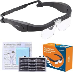 YOCTOSUN Rechargeable Magnifying Glasses Head Magnifier Glasses with 2 LED Lights and Detachable Lenses 1.5X 2.5X 3.5X5X Best Eyeglasses Magnifier for Reading and Hobby