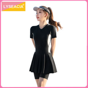 LYSEACIA M-5XL Skirted ชุดว่ายน้ำไซส์พิเศษสำหรับผู้หญิงชุดว่ายน้ำแขนสั้นสีดำล้วนมีซิปหน้าสำหรับผู้หญิงชุดว่ายน้ำเซิร์ฟว่ายน้ำชุดชายหาด