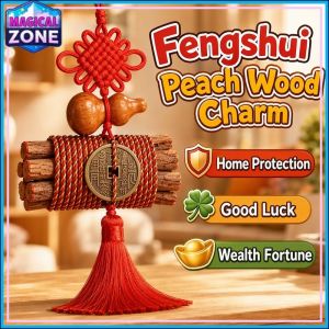 Fengshui Peach Wood Charm Colorful Thread Wrapped Red Chinese Knot Tassel Home Door Car Mirror Hanging Ornament Housewarming New Year Gift