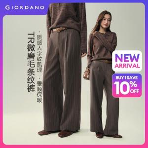 GIORDANO Women Pants Half Elastic Waist Striped Pants Pleated Straight Leg Fashionable Casaul Relaxed Pants 18416317